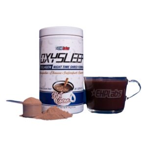 EHPlabs OxySleep Collagen Hot Cocoa tub with scoop and mug