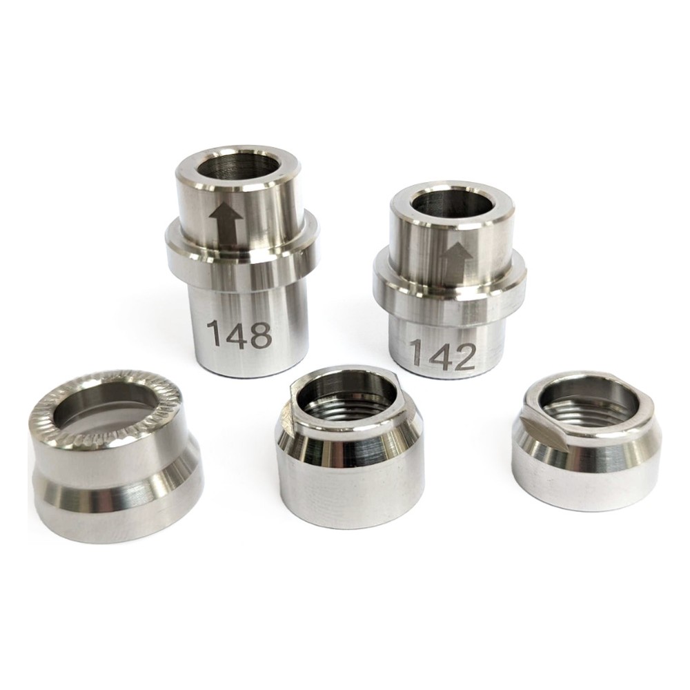 Wahoo KICKR Thru Axle Adapter Kit with 142 and 148 mm adapters, spin cap and lock nuts